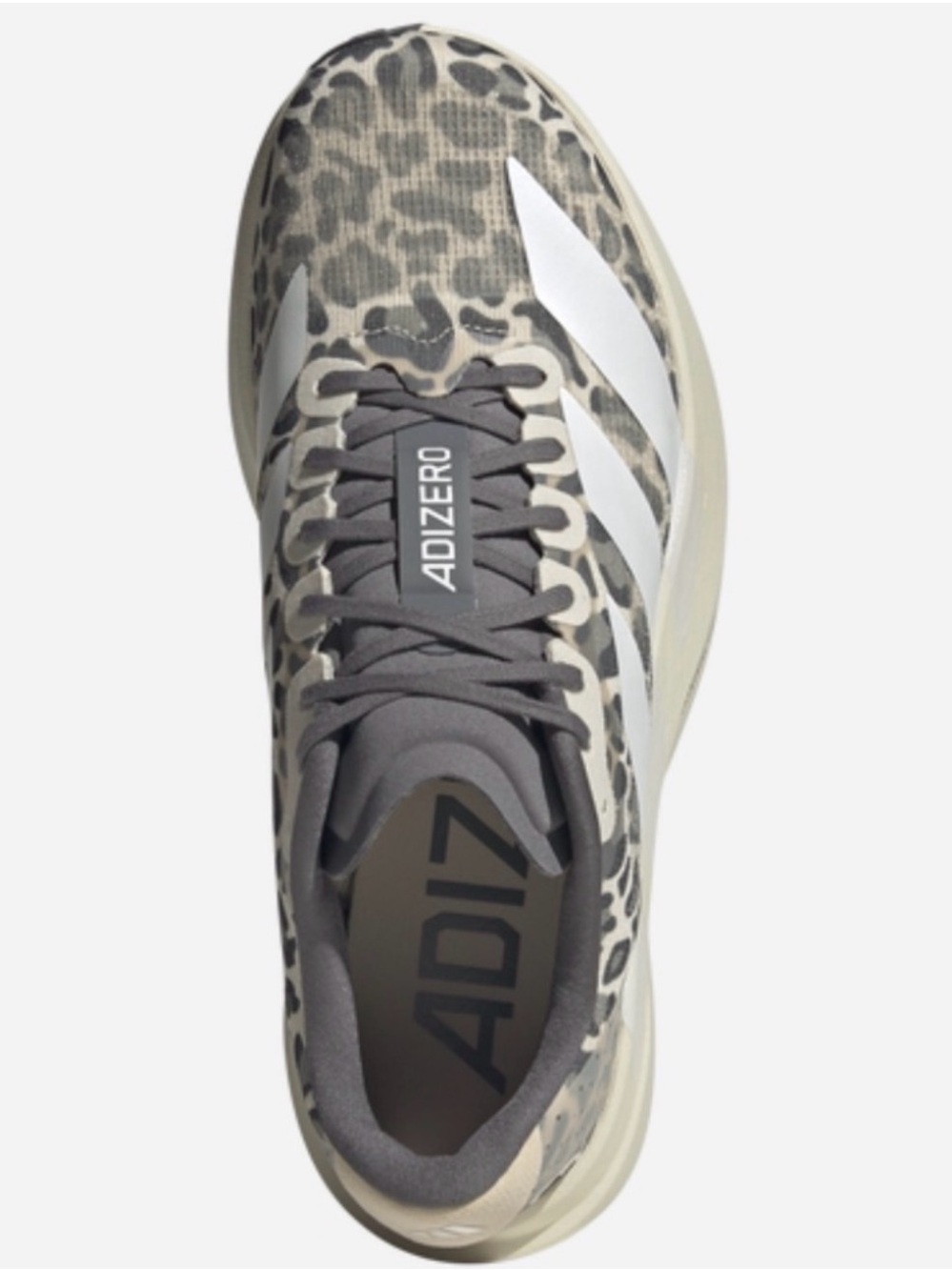 adidas Adizero evo SL Leopard-Print Running Shoe in Gray and Cream